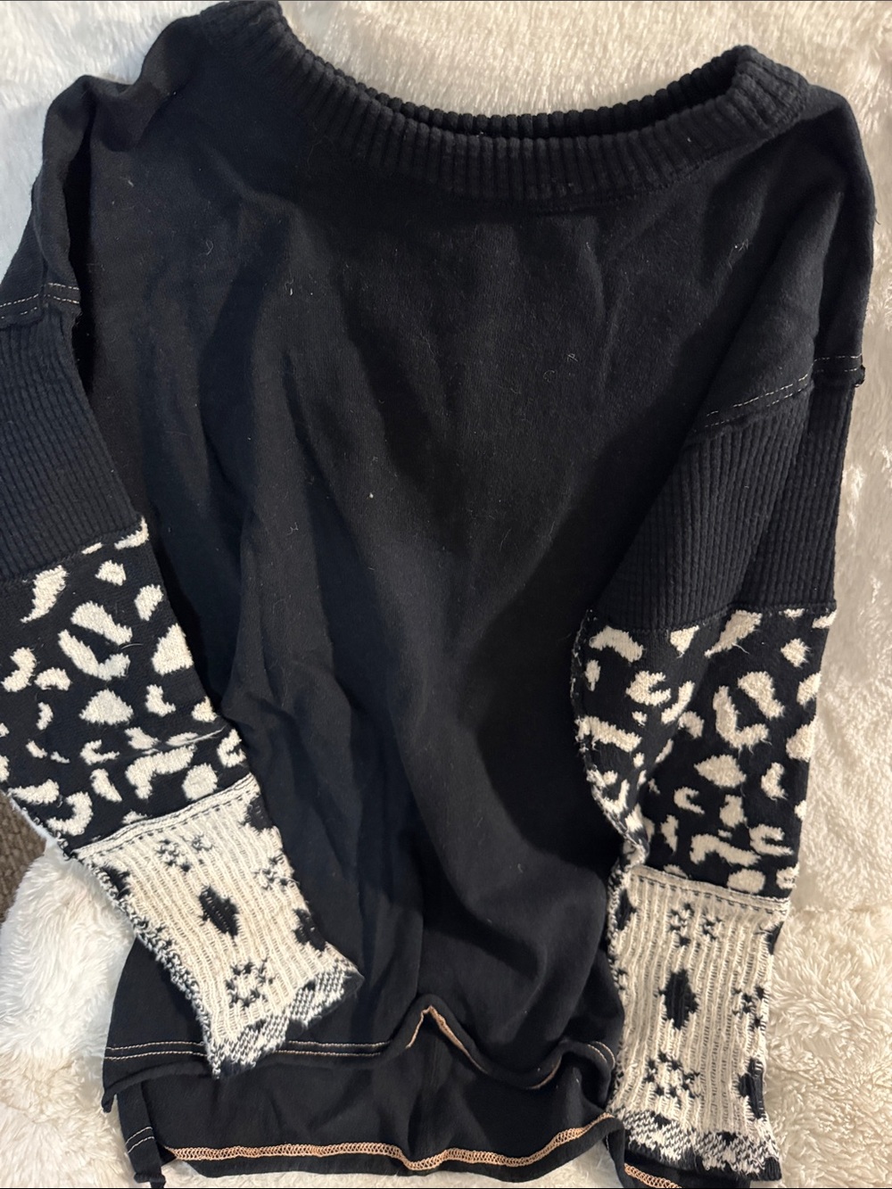 Free People Black Off-the-Shoulder Pullover with Patterned Sleeve Panels